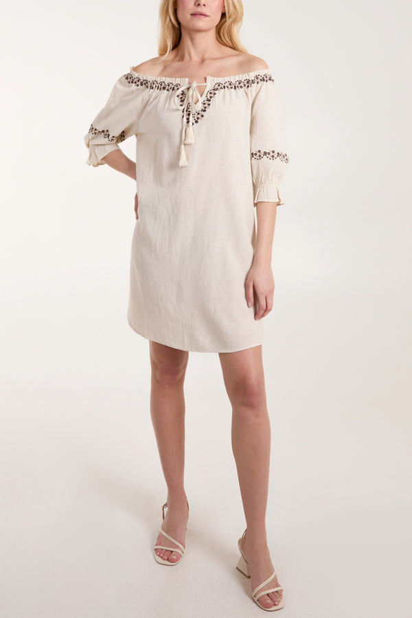 qed london Embroidered Bardot Tassel Tunic Mini Dress