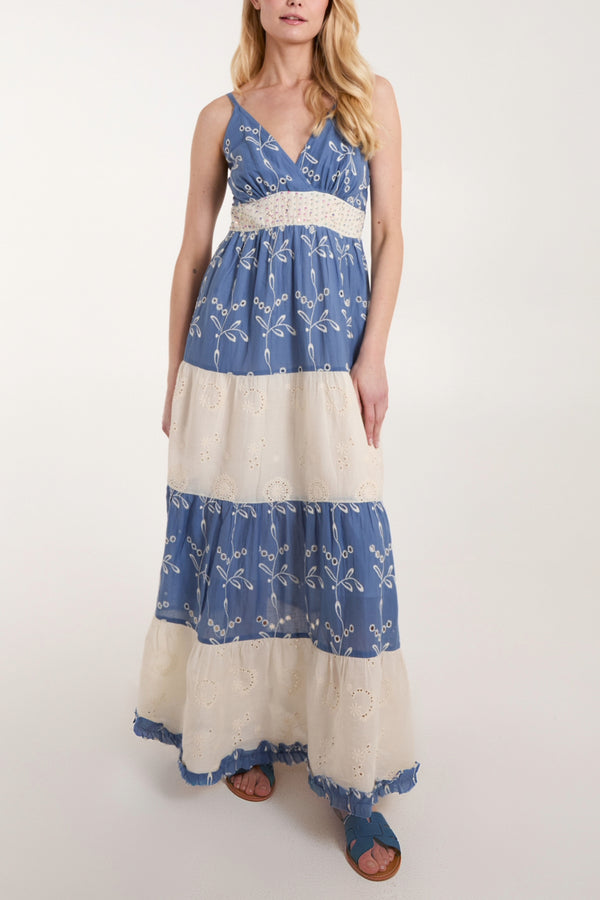 qed london Embroidered & Embellished Tiered Maxi Dress
