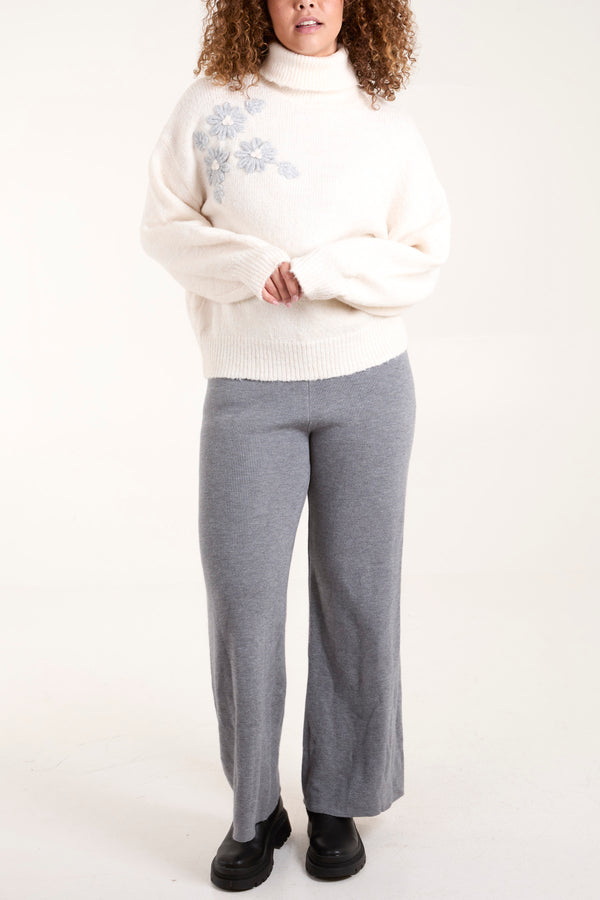 Qed London Embroidered Flower Roll Neck Knit Jumper