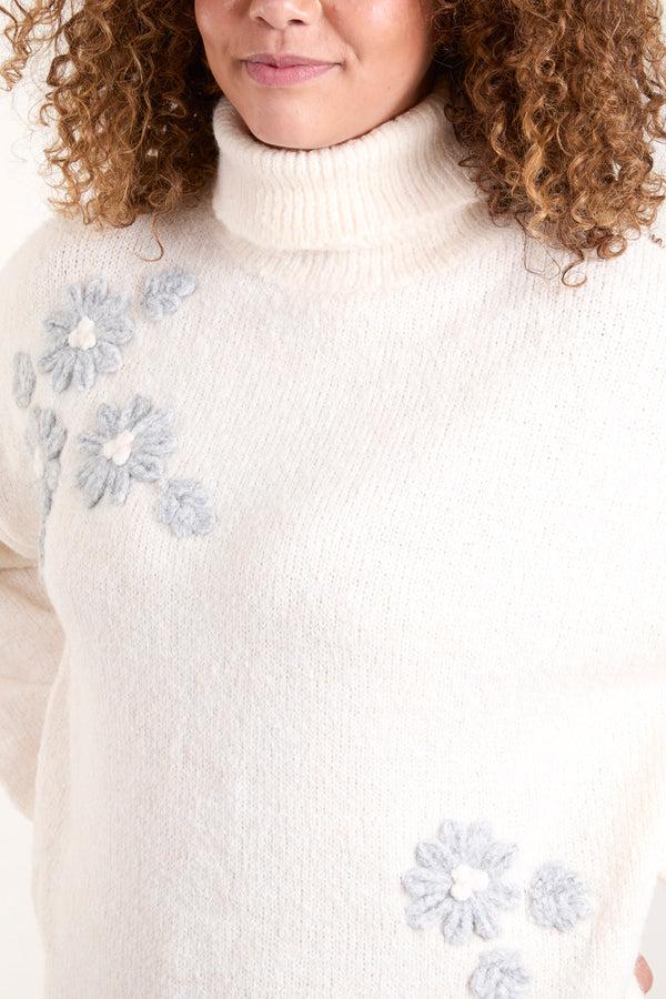 Qed London Embroidered Flower Roll Neck Knit Jumper