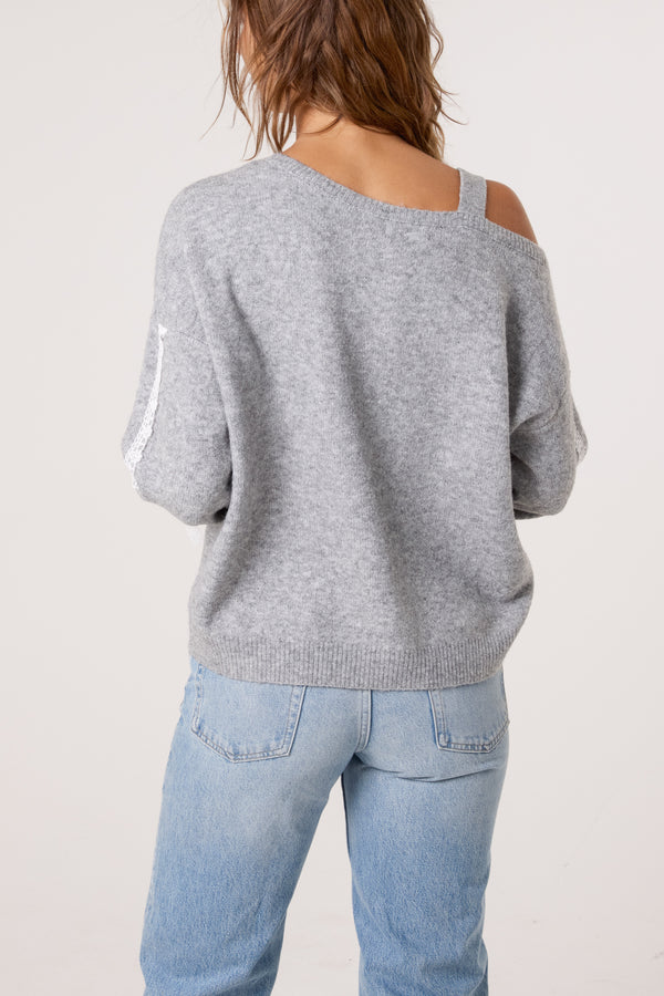 Qed London Embroidered & Lace Bow One Shoulder Jumper