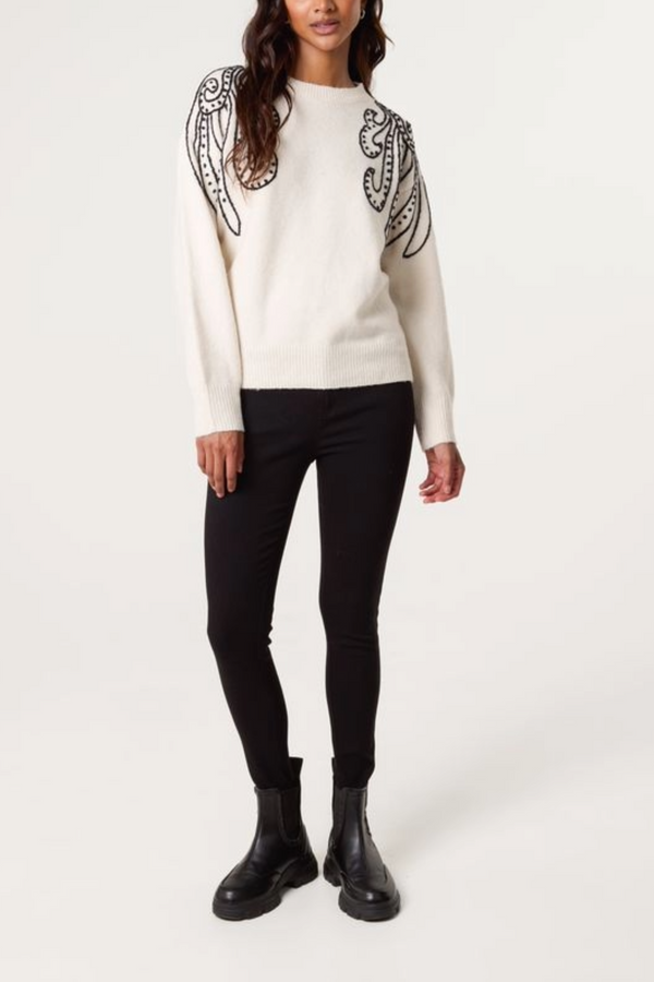 Qed London Embroidered Spiral Shoulders Knit Jumper