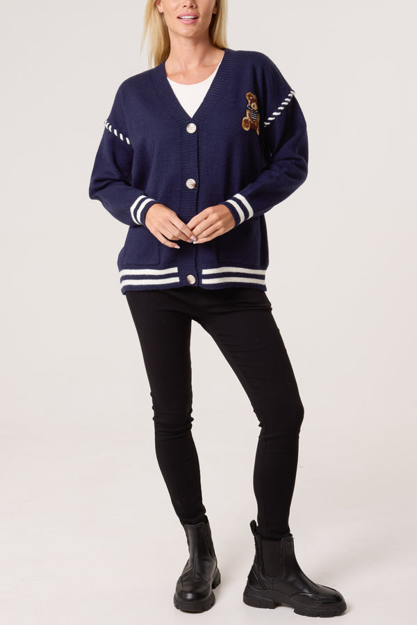 Qed London Embroidered Striped Bear Varsity Cardigan