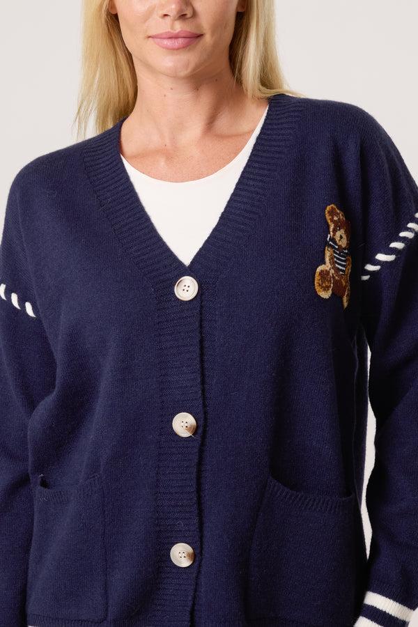 Qed London Embroidered Striped Bear Varsity Cardigan