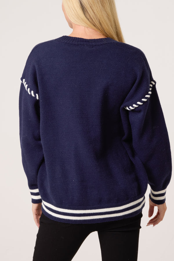 Qed London Embroidered Striped Bear Varsity Cardigan