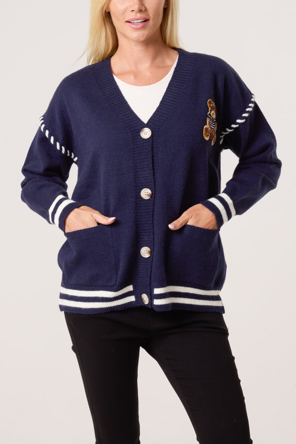 Qed London Embroidered Striped Bear Varsity Cardigan