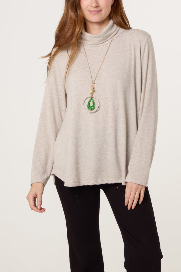 qed london Fine Knit Roll Neck Jumper with Necklace