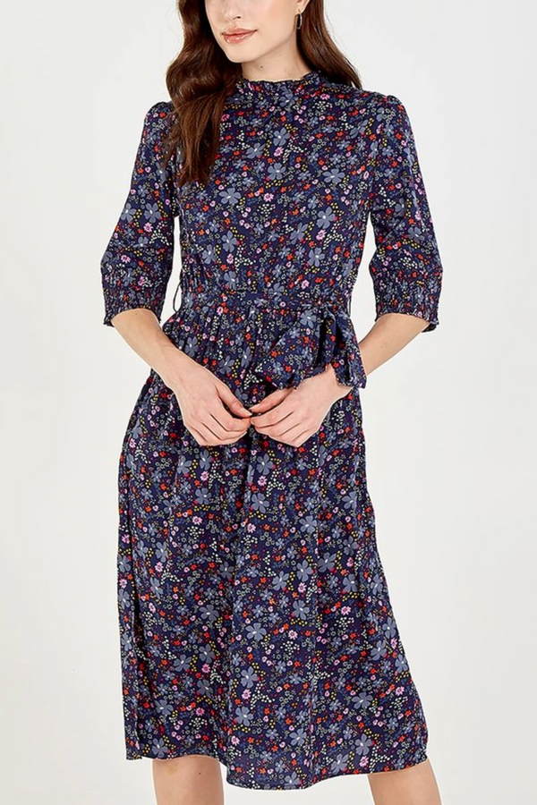 Qed London Floral Button Up Shirred Neck Midi Dress