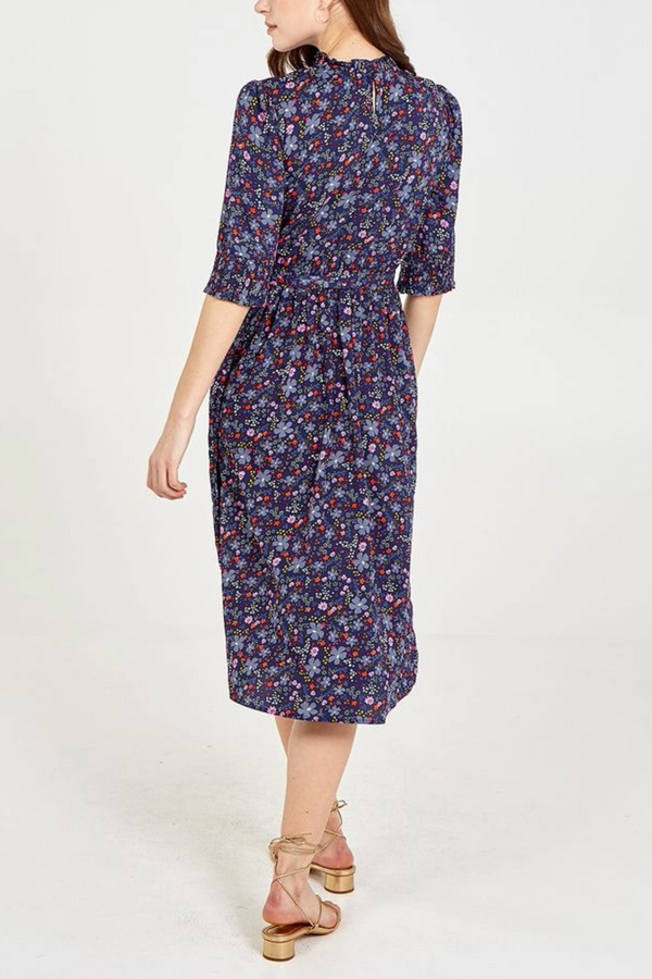 Qed London Floral Button Up Shirred Neck Midi Dress