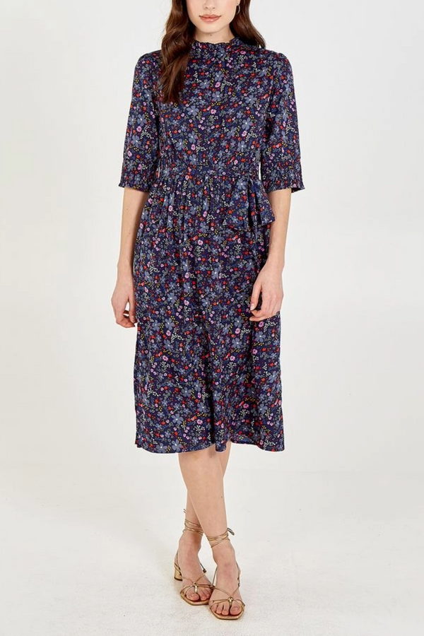 qed london Floral Button Up Shirred Neck Midi Dress