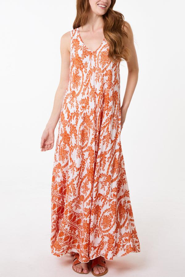 Qed London Floral Leaf V-Neck Art Silk Trapeze Dress