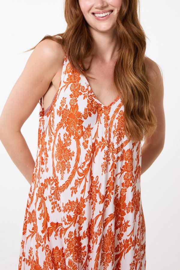 Qed London Floral Leaf V-Neck Art Silk Trapeze Dress