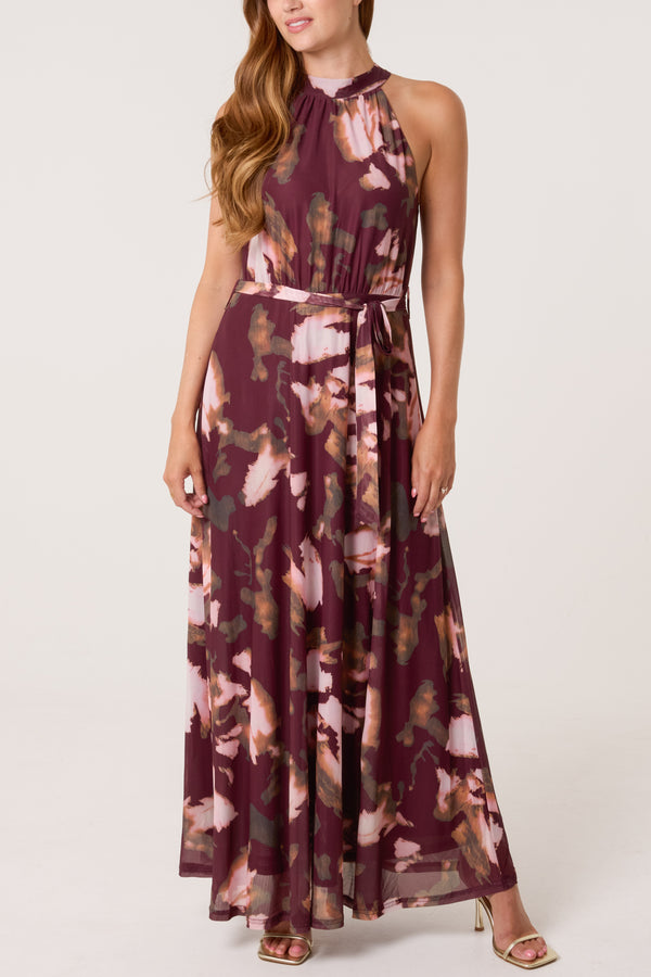 qed london Floral Mesh Halterneck Belted Maxi Dress