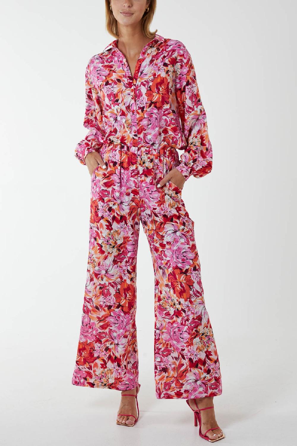 Qed London Floral Oversized Shirt And Wide Leg Trousers Co-Ord