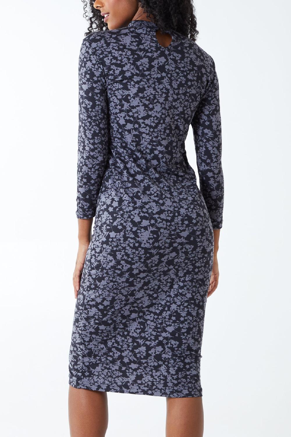 Qed London Floral Print 3/4 Sleeve Length High Neck Midi