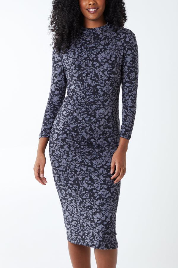 qed london Floral Print 3/4 Sleeve Length High Neck Midi
