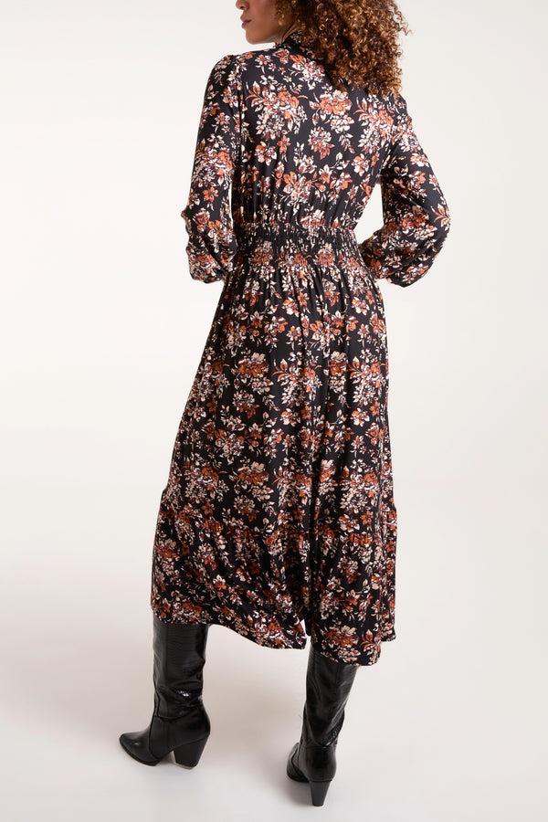 Qed London Floral Print Shirred Waist Button Stretch Dress