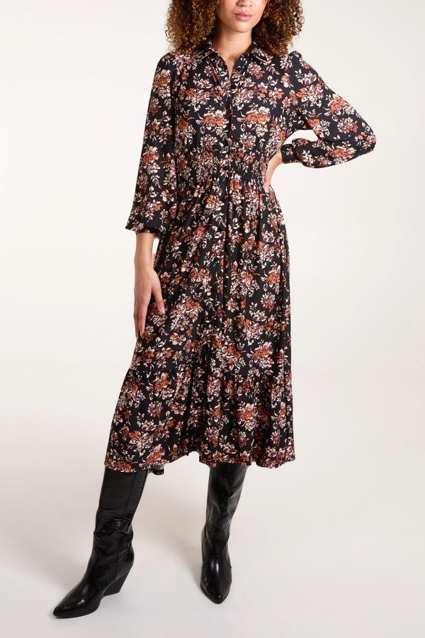 qed london Floral Print Shirred Waist Button Stretch Dress