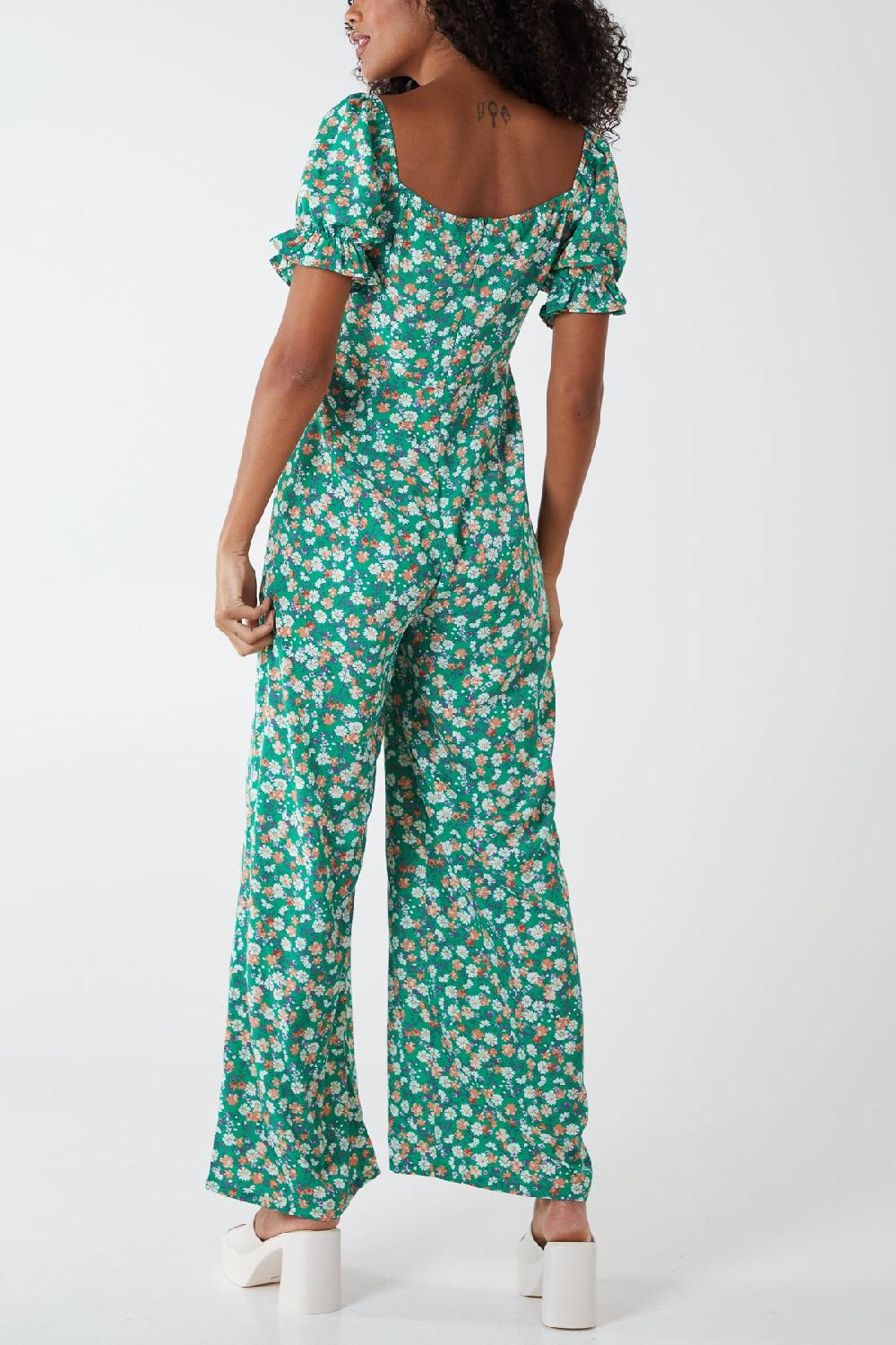 Qed London Floral Puff Sleeve Button Front Jumpsuit