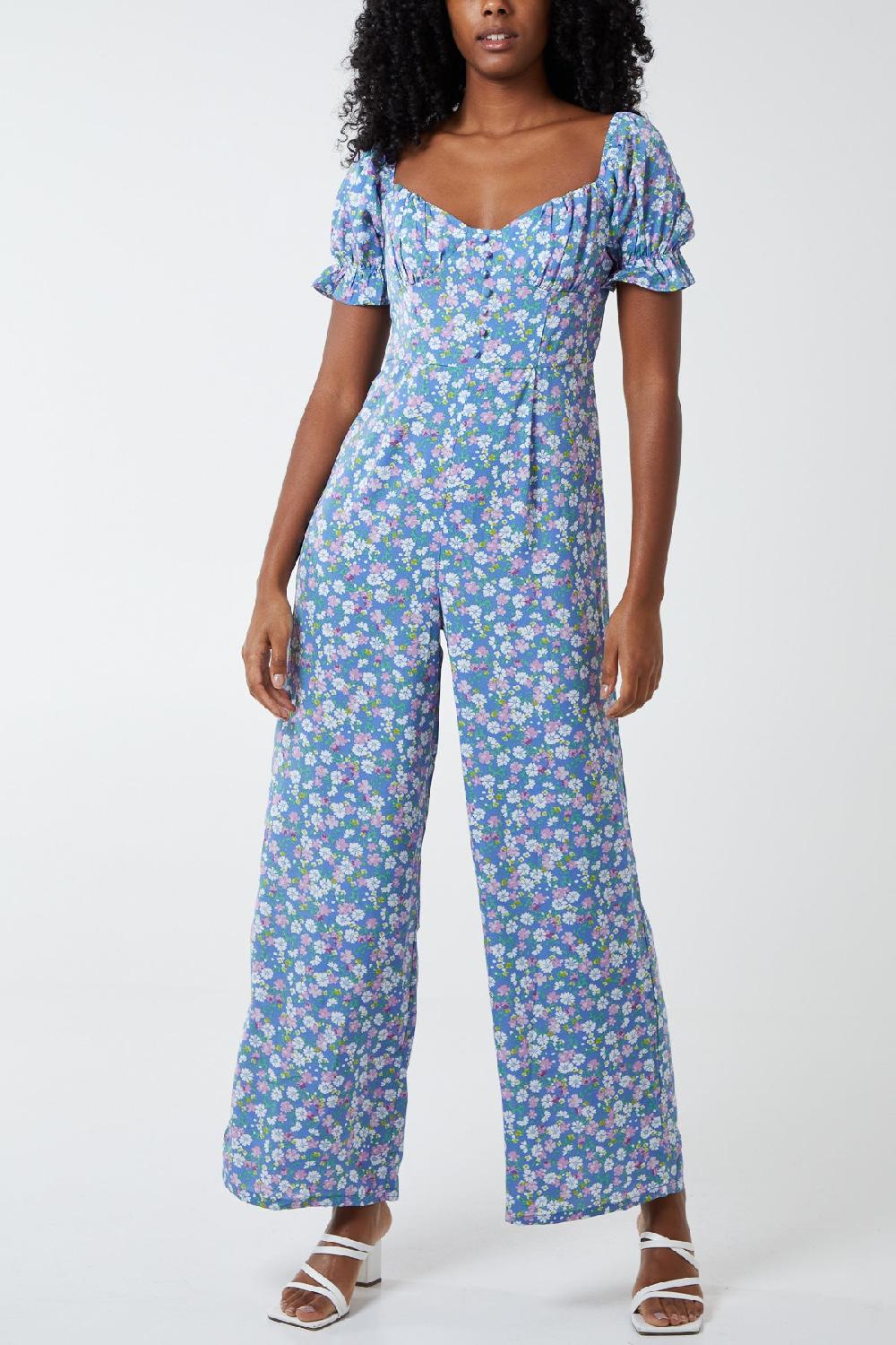 Qed London Floral Puff Sleeve Button Front Jumpsuit