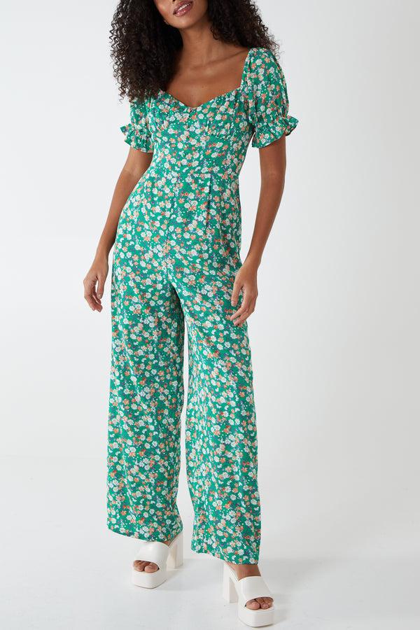 qed london Floral Puff Sleeve Button Front Jumpsuit