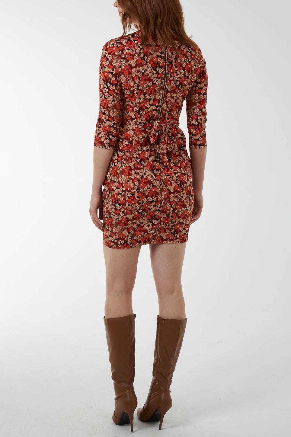 Qed London Floral Rust High Neck Bodycon Mini Dress