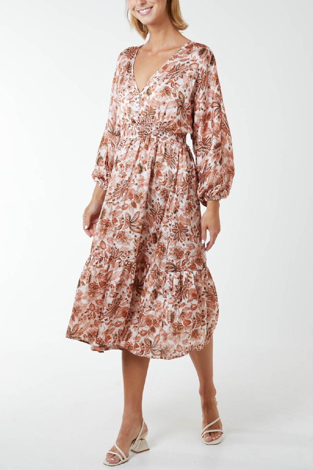 Qed London Floral Satin Feel Balloon Sleeve Midi Dress