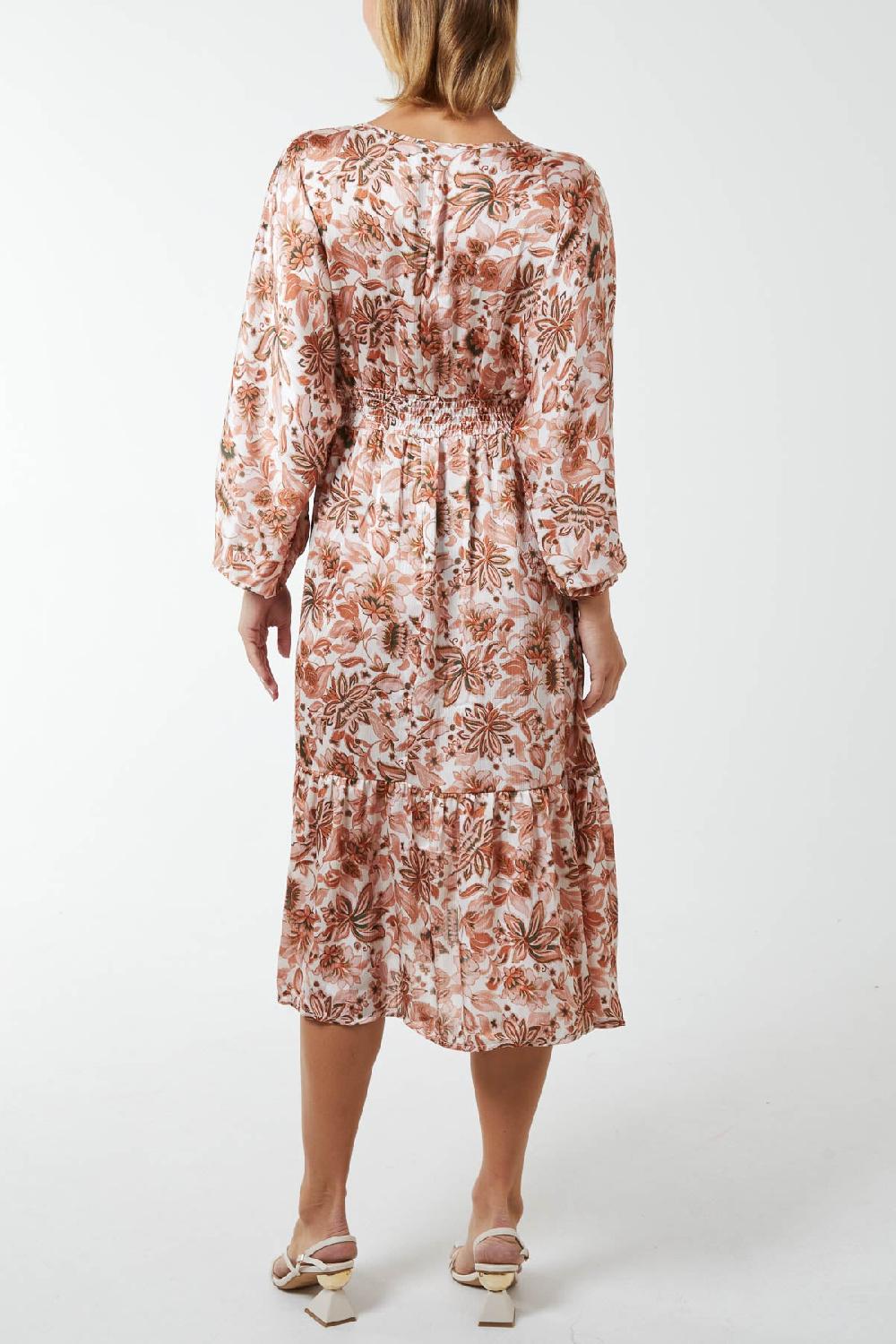 Qed London Floral Satin Feel Balloon Sleeve Midi Dress