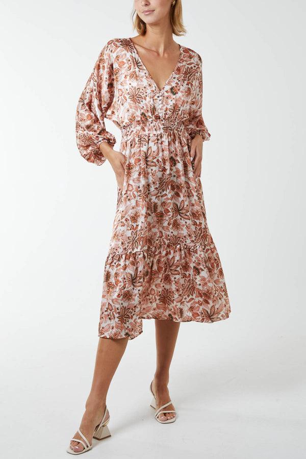 Qed London Floral Satin Feel Balloon Sleeve Midi Dress