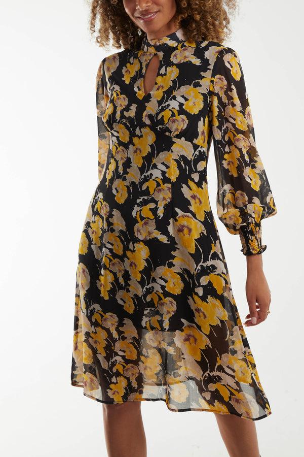Qed London Floral Sheer Keyhole High Neck Midi Dress