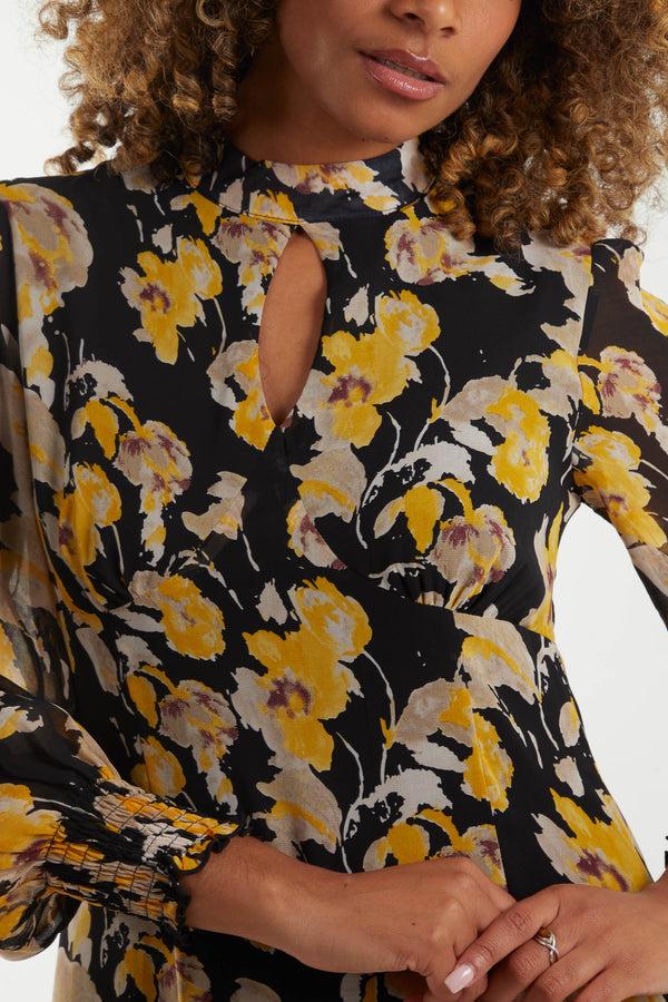 Qed London Floral Sheer Keyhole High Neck Midi Dress