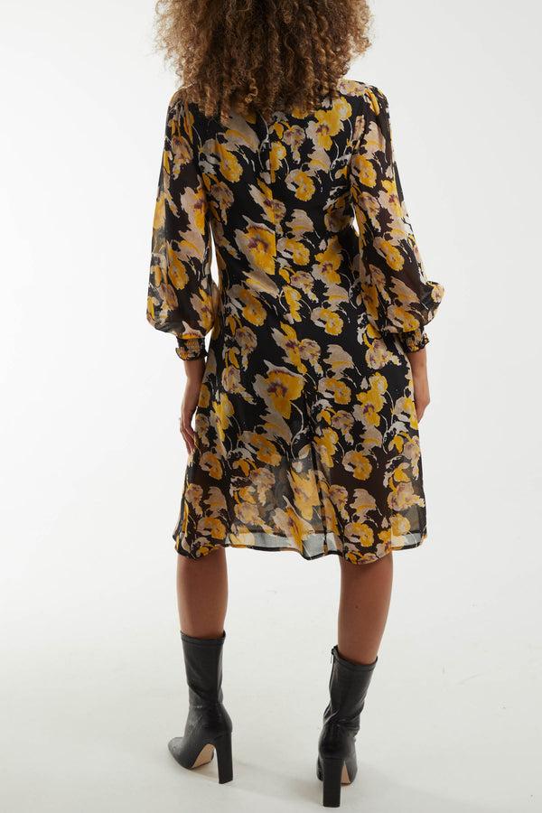 Qed London Floral Sheer Keyhole High Neck Midi Dress