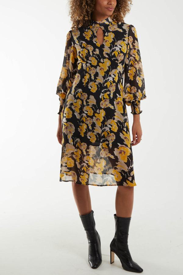 qed london Floral Sheer Keyhole High Neck Midi Dress