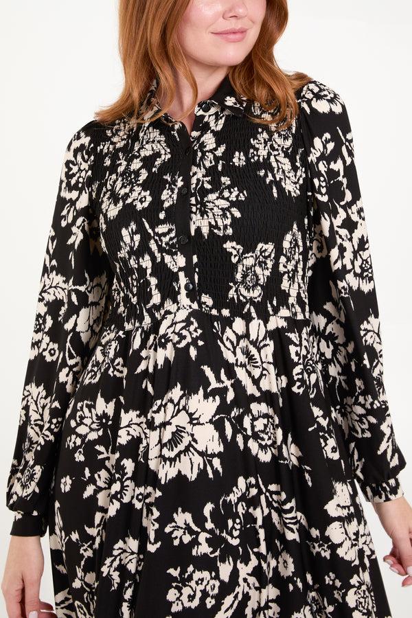 Qed London Floral Shirred Button Bust Long Sleeve Dress