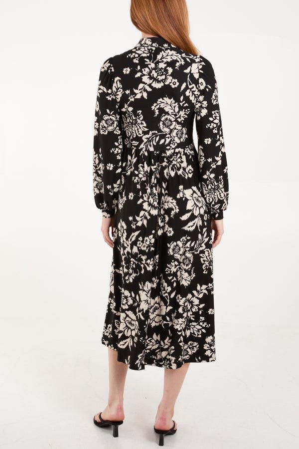 Qed London Floral Shirred Button Bust Long Sleeve Dress