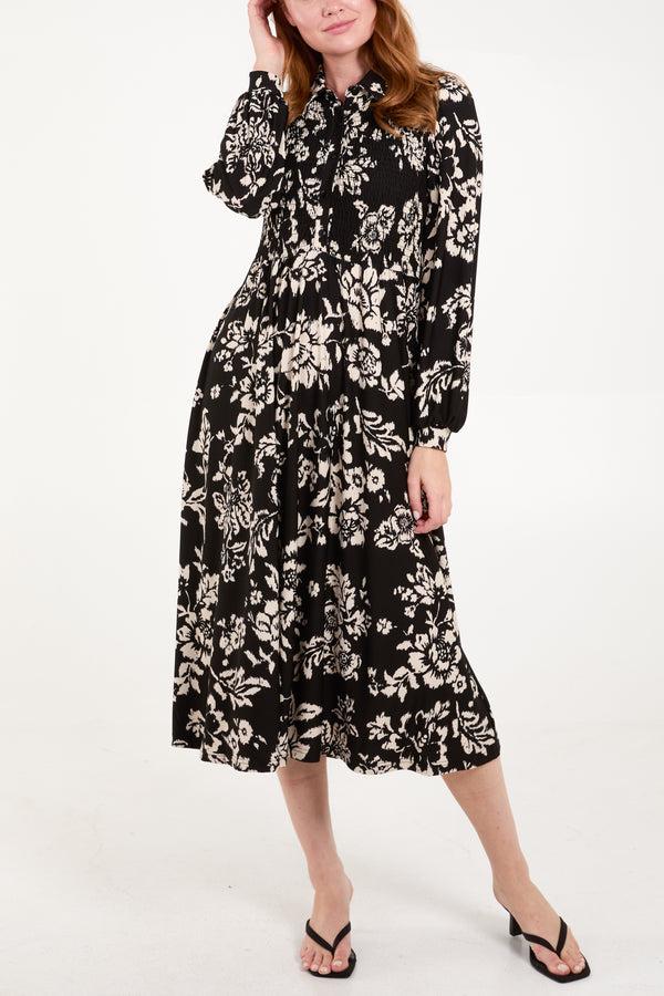 Qed London Floral Shirred Button Bust Long Sleeve Dress