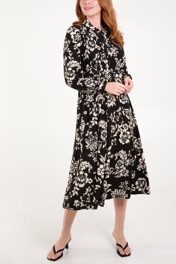 Qed London Floral Shirred Button Bust Long Sleeve Dress