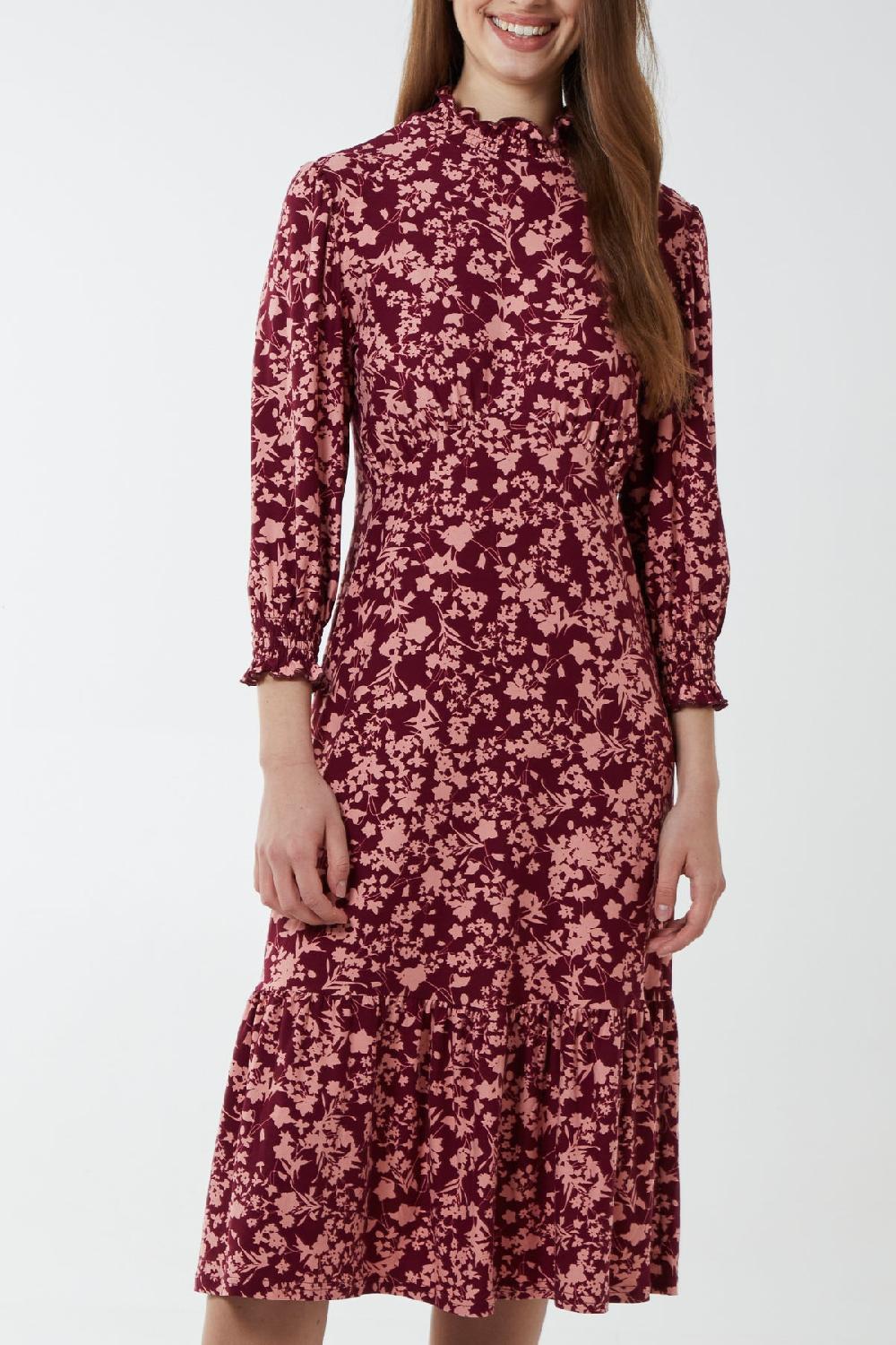 Qed London Floral Shirring High Neck & Cuff Soft Touch Midi Stretch Dress