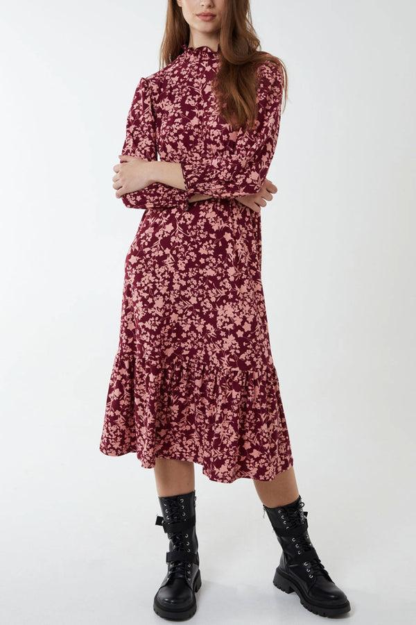 qed london Floral Shirring High Neck & Cuff Soft Touch Midi Stretch Dress