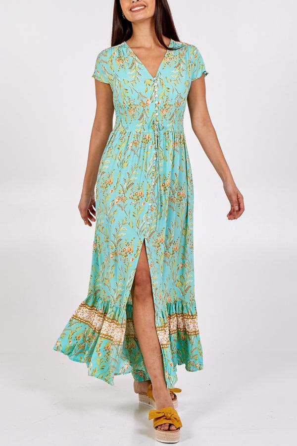 qed london Floral Shirring Waist Button Through Dress