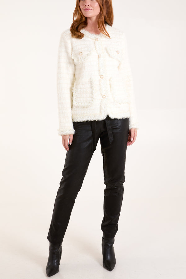 Qed London Fluffy Sparkle Knit Pearl Pocket Cardigan