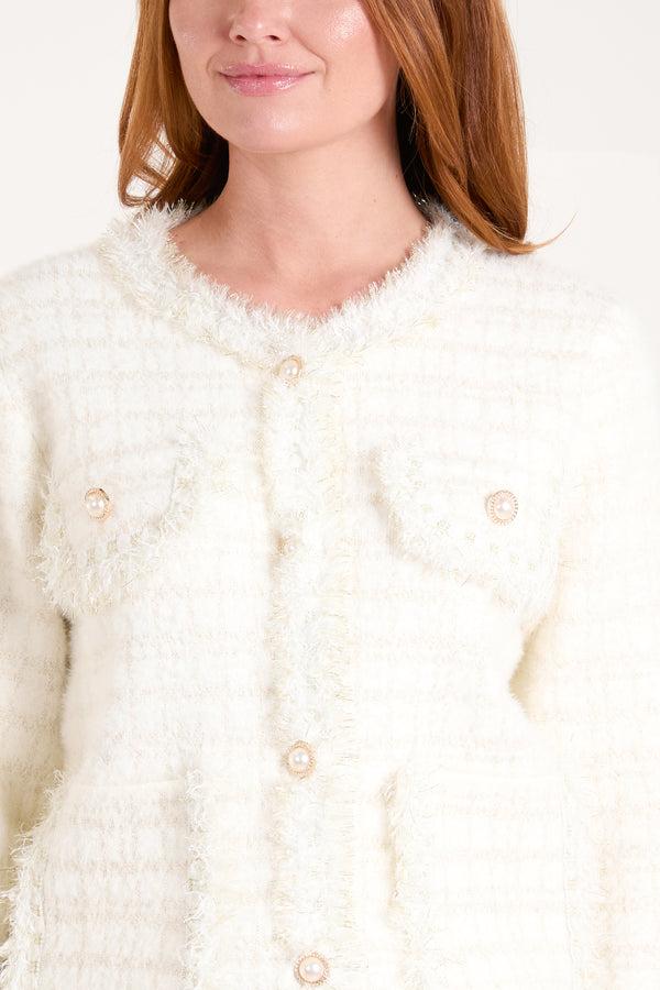 Qed London Fluffy Sparkle Knit Pearl Pocket Cardigan
