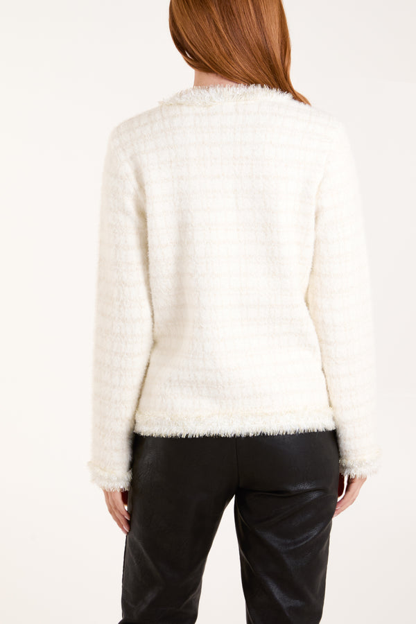 Qed London Fluffy Sparkle Knit Pearl Pocket Cardigan