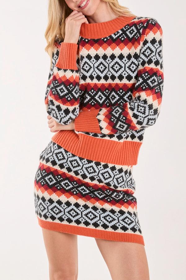Qed London Geometric Print Knitted Jumper & Skirt Set