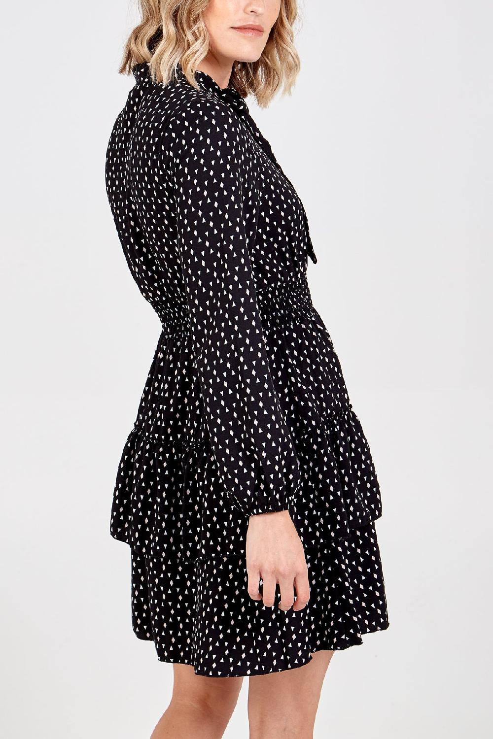 Qed London Geometric Print Pussy Bow Layered Mini Dress