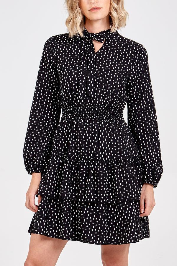 Qed London Geometric Print Pussy Bow Layered Mini Dress