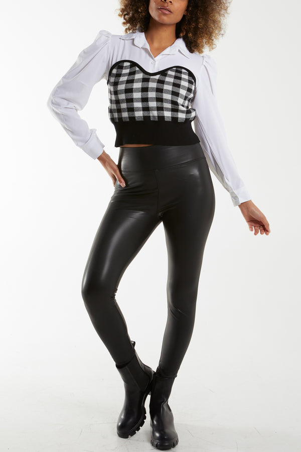 Qed London Gingham Knitted Corset Puff Sleeve Shirt
