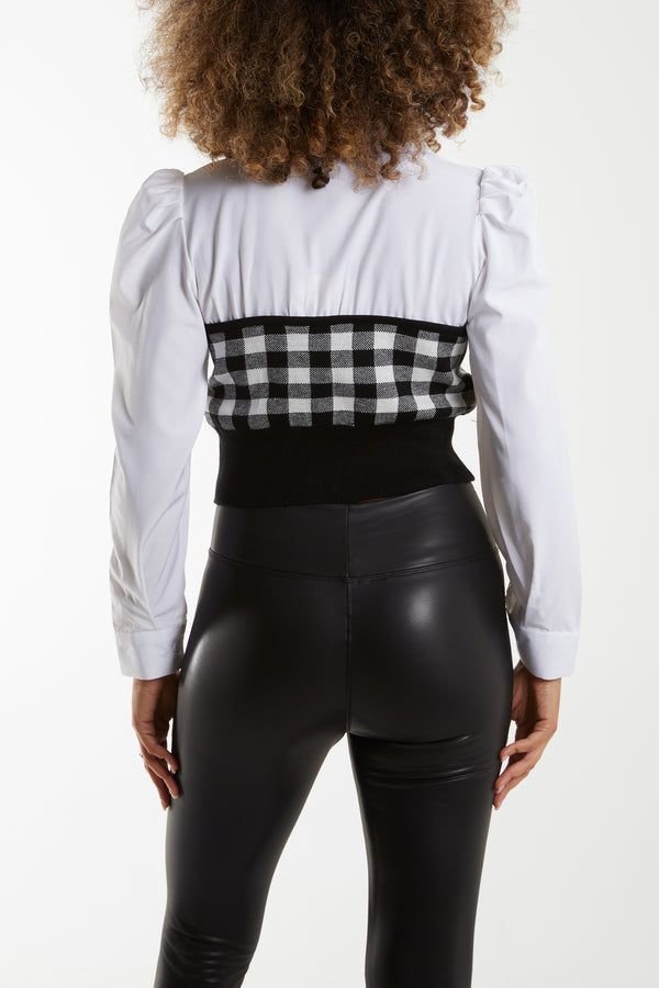 Qed London Gingham Knitted Corset Puff Sleeve Shirt