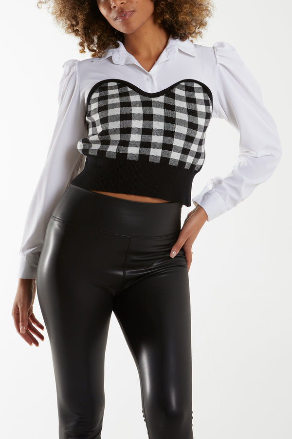 Qed London Gingham Knitted Corset Puff Sleeve Shirt