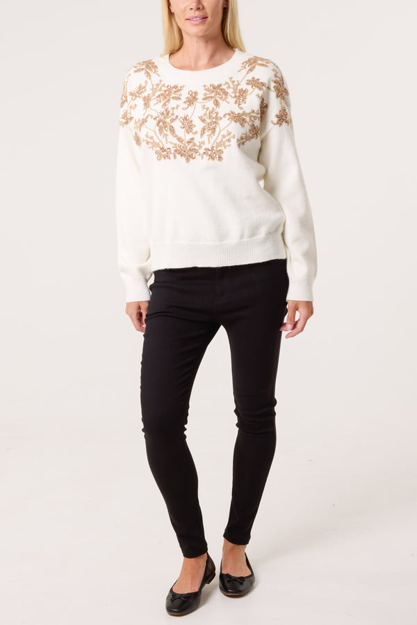 Qed London Gold Embellished & Embroidered Floral Jumper